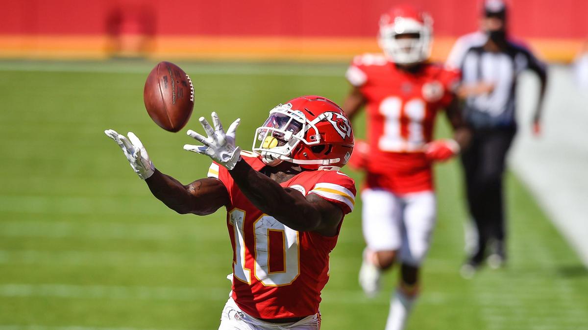 Kansas City Chiefs wide receiver Tyreek Hill pulls in a 37-yard reception in the second quarter against the Las Vegas Raiders Sunday, October 11, 2020, at Arrowhead Stadium in Kansas City, Missouri.