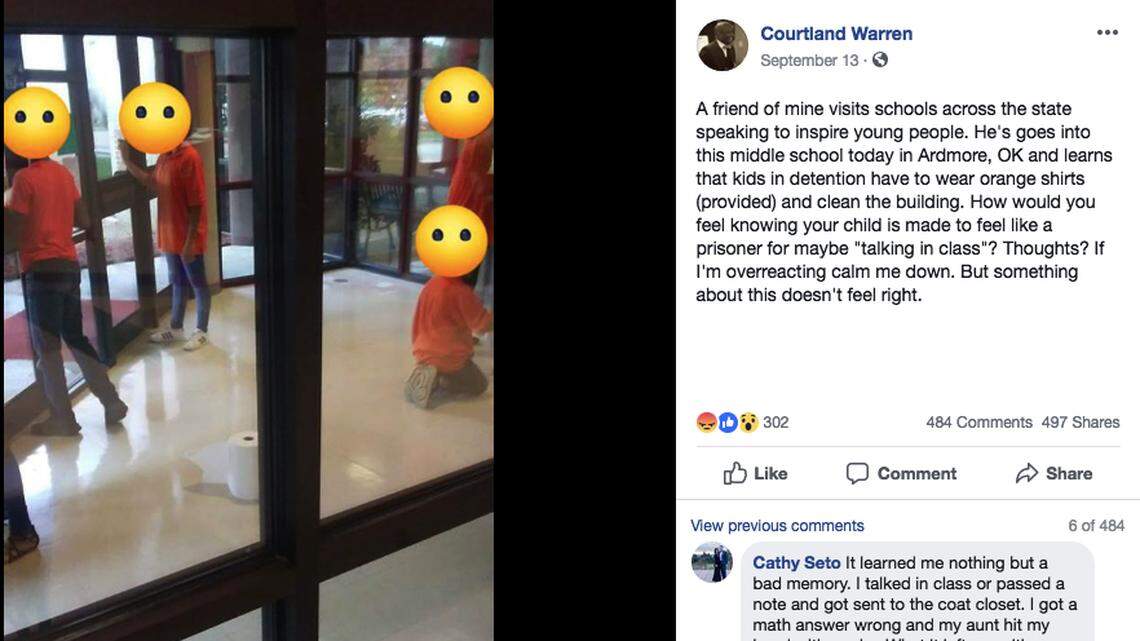 An Oklahoma middle school made kids wear prison-orange T-shirts and scrub windows during detention. The superintendent put a stop to it after angry parents showed him a photo making the rounds on Facebook.