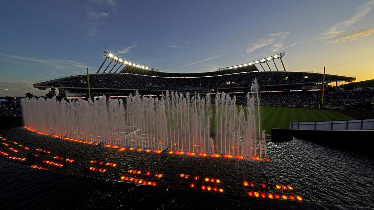 Fountains shoot water between innings of a baseball game between the Kansas City Royals and the Detroit Tigers at Kauffman Stadium in 2021.