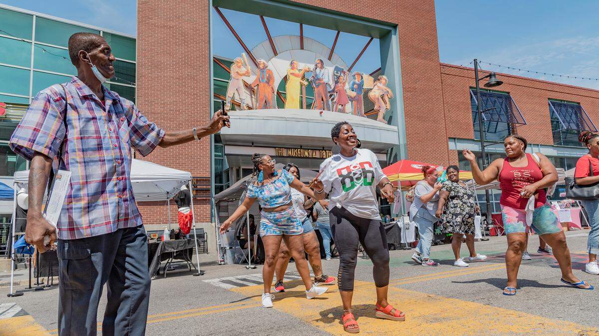 Visitors broke into dance at the 816 Day event in the 18th and Vine District in 2022.