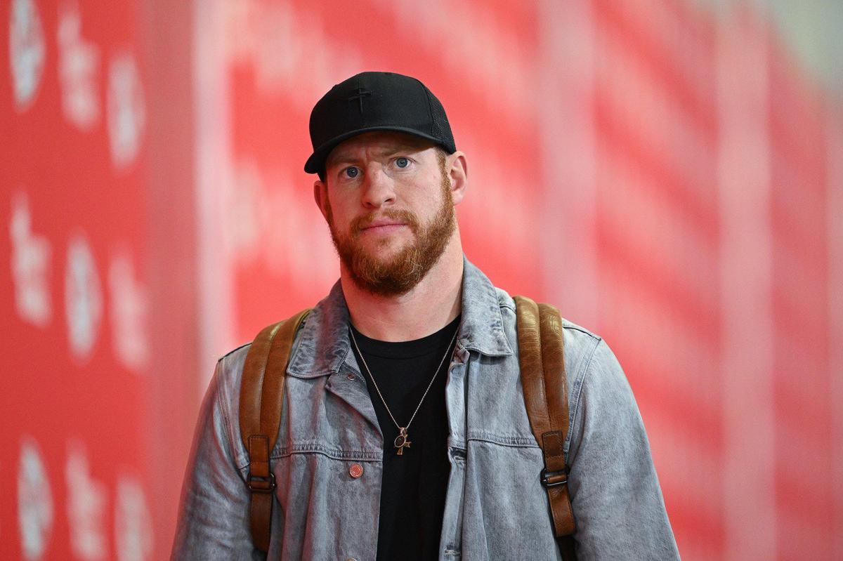 Kansas City Chiefs quarterback Carson Wentz arrives before the Chiefs’ game with the Los Angeles Chargers on Sunday, Dec. 8, 2024, at GEHA Field at Arrowhead Stadium.