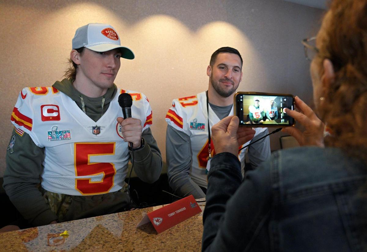 Kansas City Chiefs punter Tommy Townsend (5) and long snapper James Winchester (41) are interviewed by Kansas City area journalist Ruth Baum Bigus of KC Cares during the media availability Wednesday, Feb. 8, 2023, at Hyatt Regency Scottsdale Resort & Spa at Gainey Ranch in Arizona.