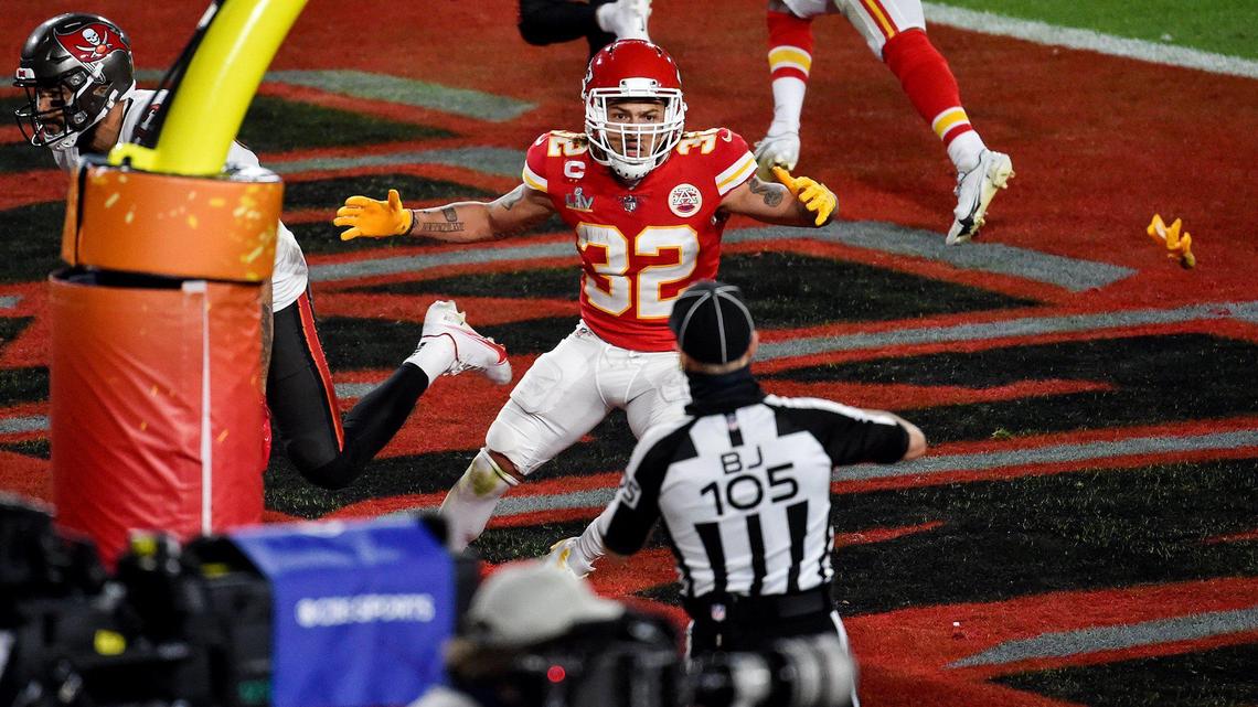 Kansas City Chiefs safety Tyrann Mathieu looks at the official after a flag was thrown for pass interference in the second quarter of the Kansas City Chiefs game against the Tampa Bay Buccaneers in Super Bowl LV at Raymond James Stadium in Tampa, Sunday, Feb. 7, 2021. The Buccaneers defeated the Chiefs 31-9.