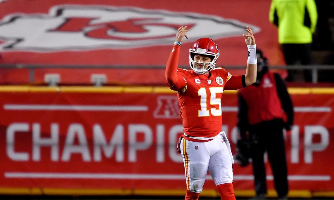 Chiefs quarterback Patrick Mahomes celebrates witht eh crowd near the end of Kansas City’s 38-24 win over the Buffalo Bills Sunday to win the AFC Championship Game Sunday at Arrowhead Stadium.