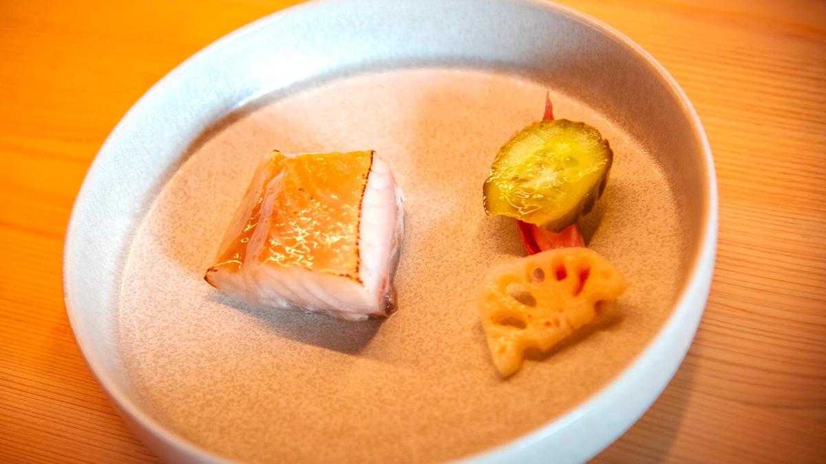 Sablefish marinated for four days in shiro miso from Kyoto. Served with a Japanese pickled cucumber, lotus root and myoga ginger.
