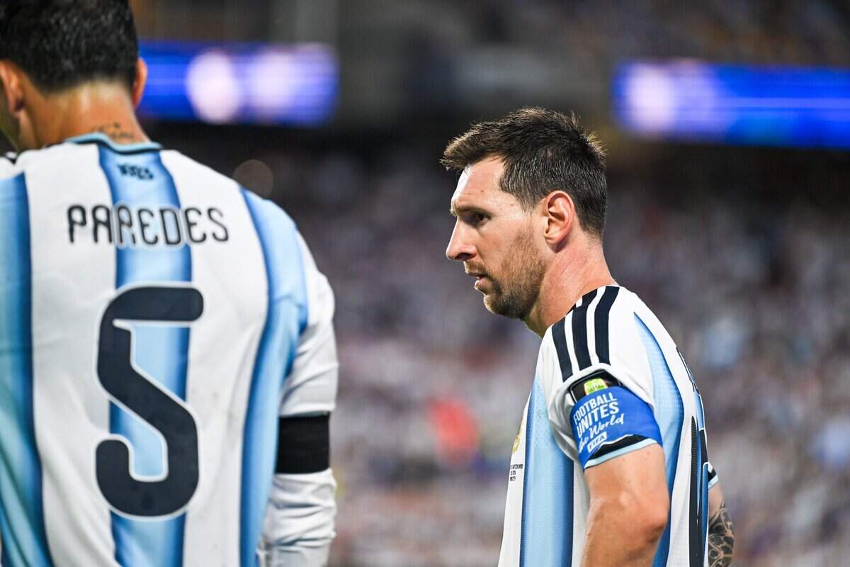 Argentina forward Lionel Messi (10) in the Argentina vs. Switzerland 2026 World Cup Quarterfinal football match at Kansas City (Arrowhead) Stadium in Kansas City on Saturday, July 11, 2026.