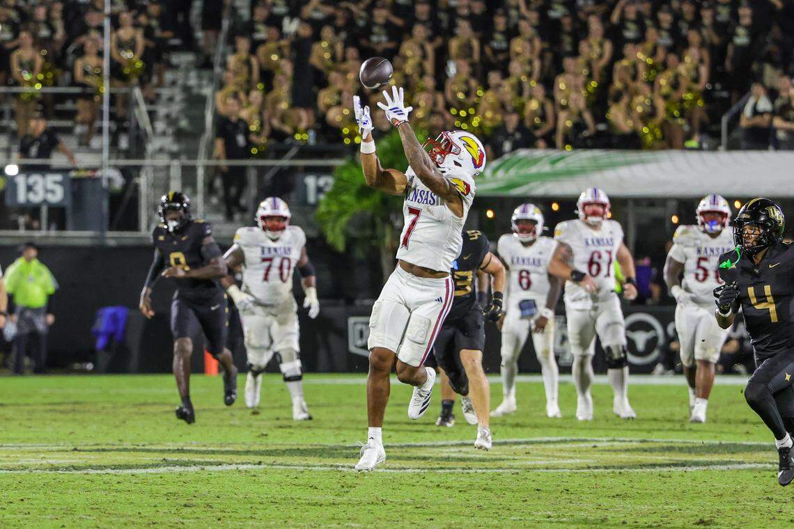 Kansas Jayhawks wide receiver Cam Pickett (7) jumps for a pass during the second half against the UCF Knights at the Ascrisure Bounce House on Oct. 4, 2025.