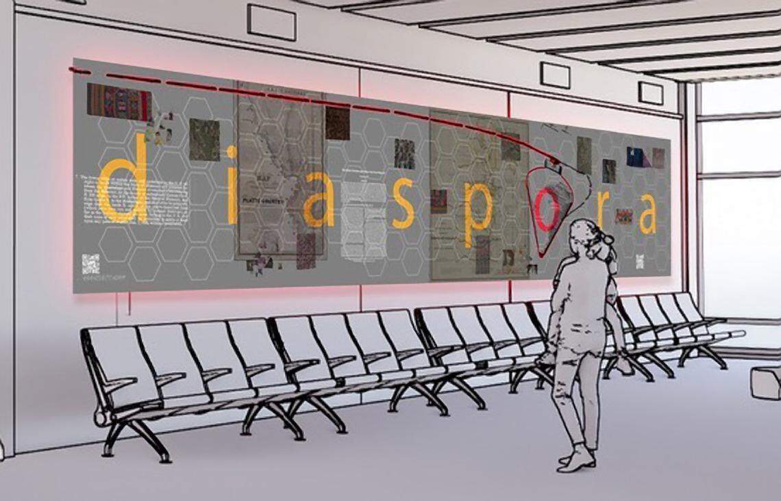 ‘Diaspora No. 1’ by artist Israel Alejandro Garcia Garcia is an installation with a multimedia component, that he hopes sparks a conversation about the displacement of people of color within the region, specifically the tribal leaders of the Iowa who were residing in the lands around the airport.