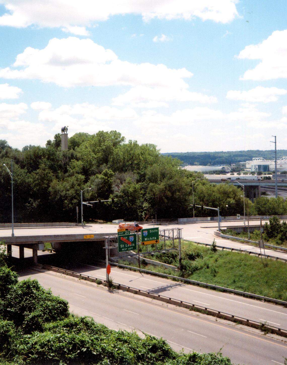 The Hereford Bull presides over I-35
