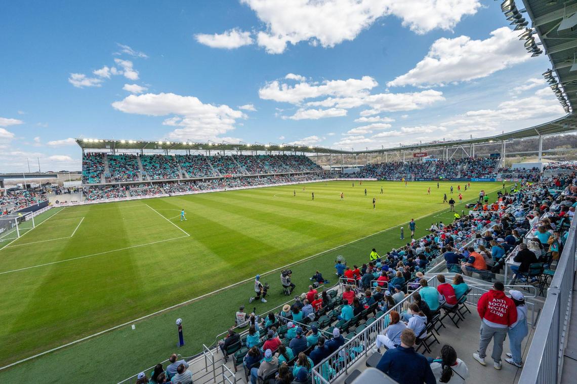 A view from the northwest corner of the pitch while the Kansas City Current and the Portland Thorns play at CPKC Stadium on Saturday, March 16, 2024, in Kansas City.