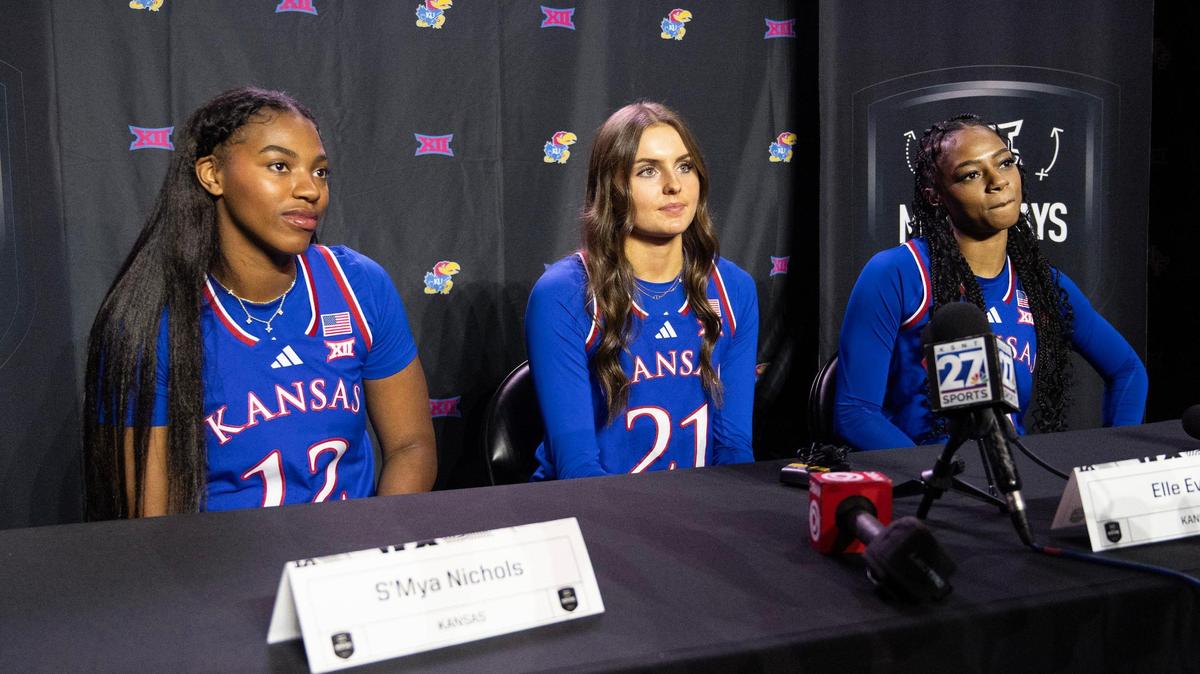 Kansas Jayhawks guards S’Mya Nichols (12), left, Elle Evans (21) and Wyvette Mayberry (0) answer questions from media members during Big 12 Media Day at T-Mobile Center on Tuesday, Oct. 22, 2024, in Kansas City.