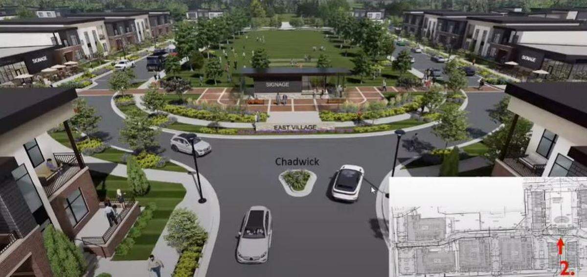 A park, featuring an amphitheater, is expected to sit at the center of a 116-acre development, near 135th Street and State Line Road in Leawood, with apartments, homes, restaurants and retail, as shown in this screenshot from a planning commission meeting.