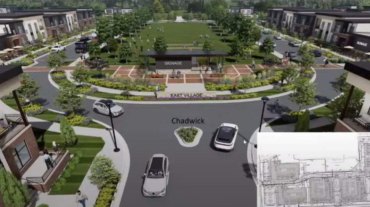 A park, featuring an amphitheater, is expected to sit at the center of a 116-acre development, near 135th Street and State Line Road in Leawood, with apartments, homes, restaurants and retail, as shown in this screenshot from a planning commission meeting.