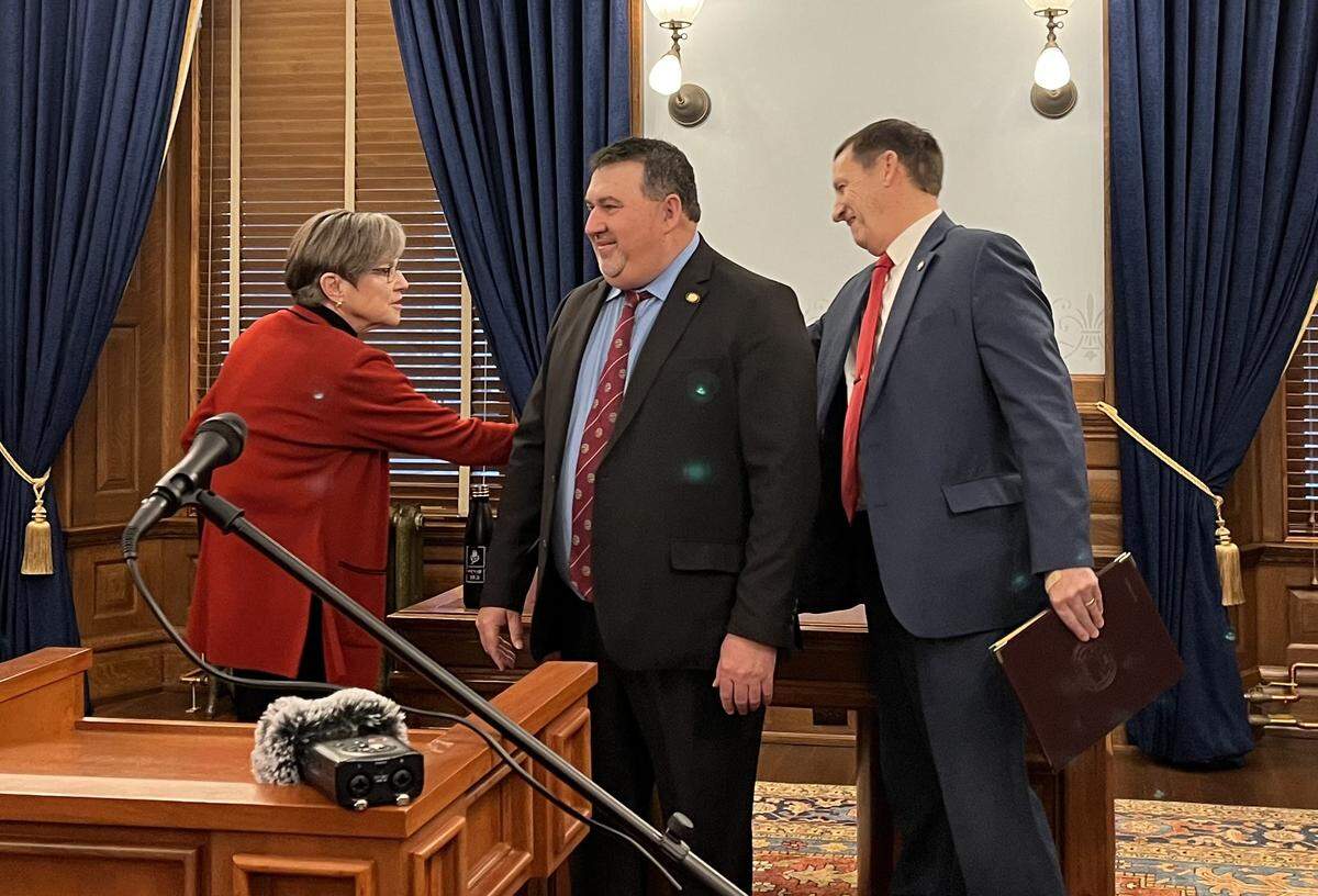 Kansas Gov. Laura Kelly, a Democrat, rolled out her tax plan with the support of key senators Rob Olson, an Olathe Republican, an Dennis Pyle, a Hiawatha Independent.