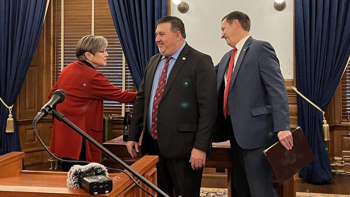 Kansas Gov. Laura Kelly, a Democrat, rolled out her tax plan with the support of key senators Rob Olson, an Olathe Republican, an Dennis Pyle, a Hiawatha Independent.