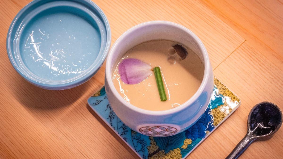 Chawanmushi, a Japanese steamed egg custard, is served in a little tea cup at Sushi Kodawari.