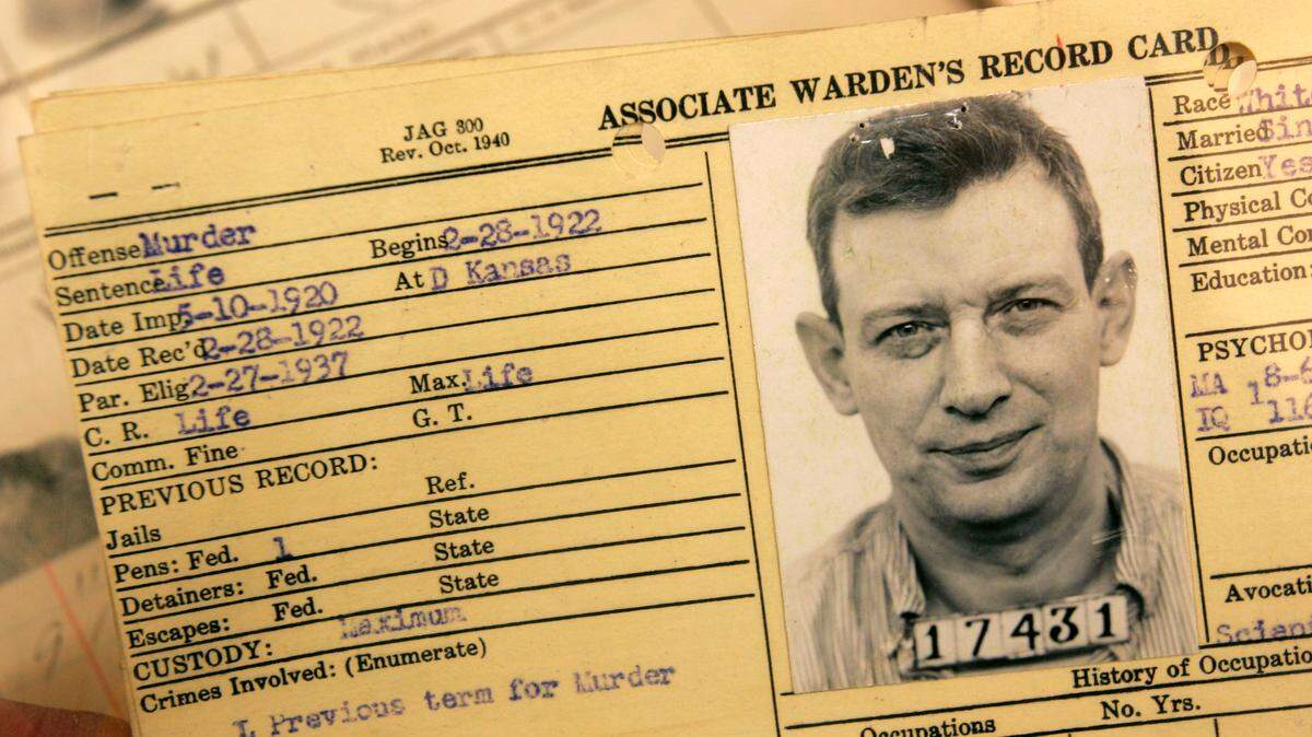 This is a record card at the National Archives in Kansas City from the U.S. Penitentiary in Leavenworth for Robert Stroud, aka the Birdman of Alcatraz. There also exists a letter from the warden in Leavenworth saying Stroud left his canaries in Kansas.