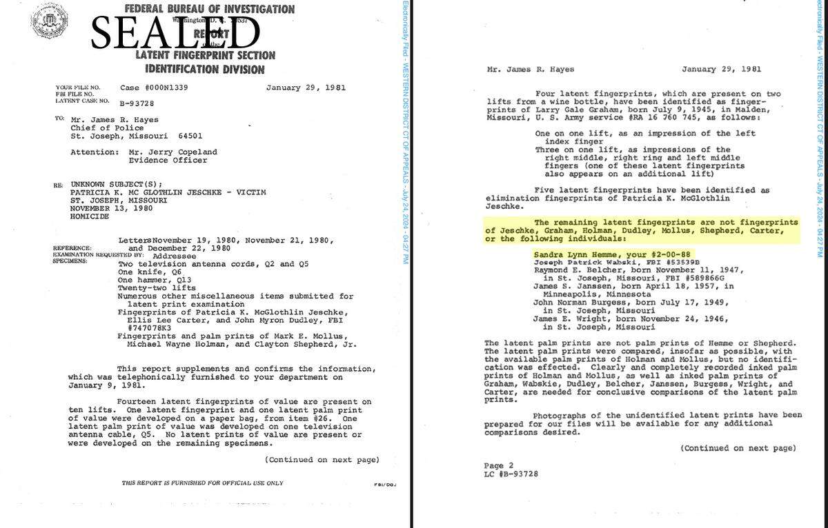 An FBI fingerprint report showed that Hemme’s fingerprints were not at the scene. Yellow highlighting added by The Marshall Project.
