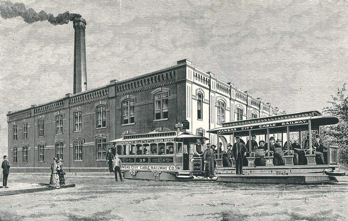 An illustration shows a Kansas City powerhouse and cable cars was published in “The Street Railway Journal.”