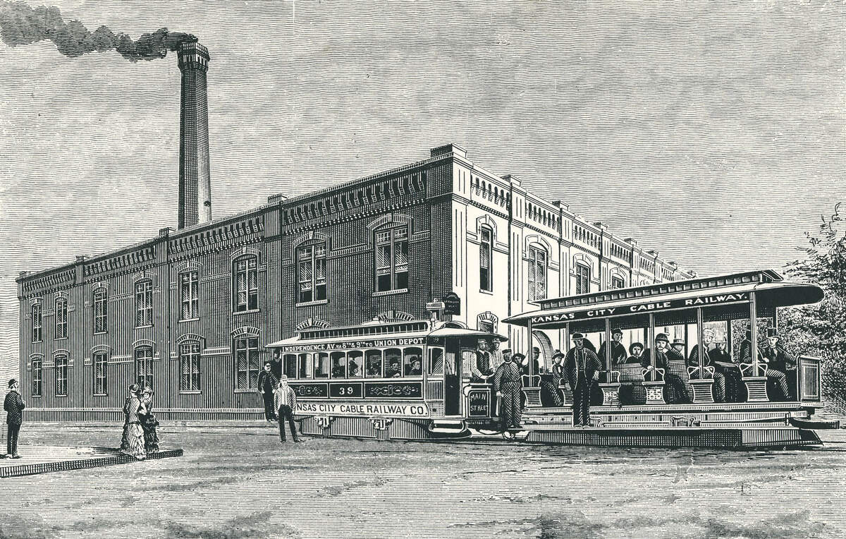 An illustration shows a Kansas City powerhouse and cable cars was published in “The Street Railway Journal.”