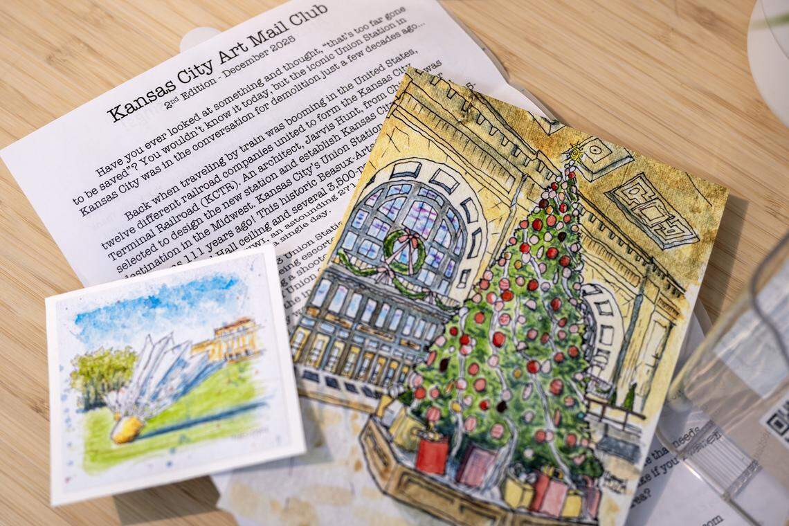 Items from artist Theo Davis' art mail club are displayed inside his booth at Painted Tree on Tuesday, Dec. 16, 2025, in Kansas City