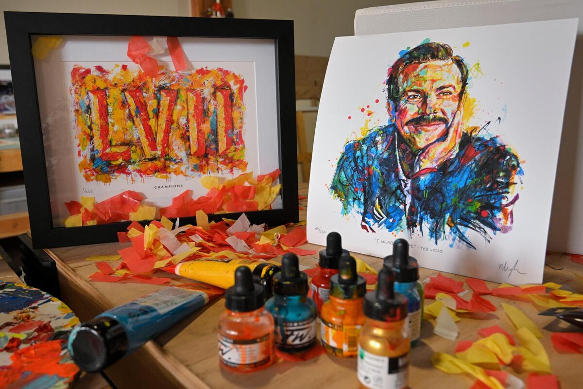 Kansas City-based artist Megh Knappenberger created a limited edition Confetti Shadow box, one of 222 she created using confetti collected from the field after the Chiefs’ Super Bowl LVII Championship in 2023 in Phoenix, Arizona, and a portrait of Ted Lasso.