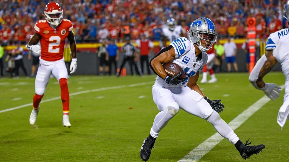 Detroit wide receiver Amon-Ra St. Brown gets in for a touchdown against Kansas City Chiefs in the first half on Thursday, September 7, 2023, in the NFL Kickoff opener at GEHA Field at Arrowhead Stadium in Kansas City.