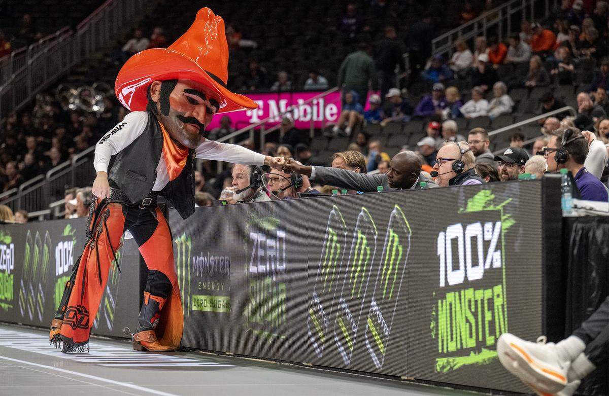 Oklahoma State University mascot Pistol Pete greets guests during the game against Texas Christian University Horned Frogs at the Big 12 Men's Basketball Tournament at T-Mobile Center on Wednesday, March 11, 2026, in Kansas City. TCU defeated OSU, 95-88.