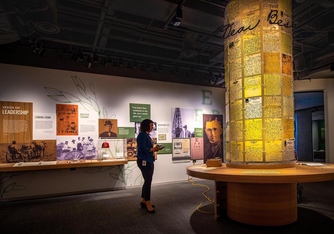 A “Dear Bess” tower displays the letters Harry Truman wrote to his wife, as well as family photos. “The part that I enjoy the most is that we let Truman speak for himself,” said Cassie Pikarsky, director of strategic initiatives at the Truman Library Institute.