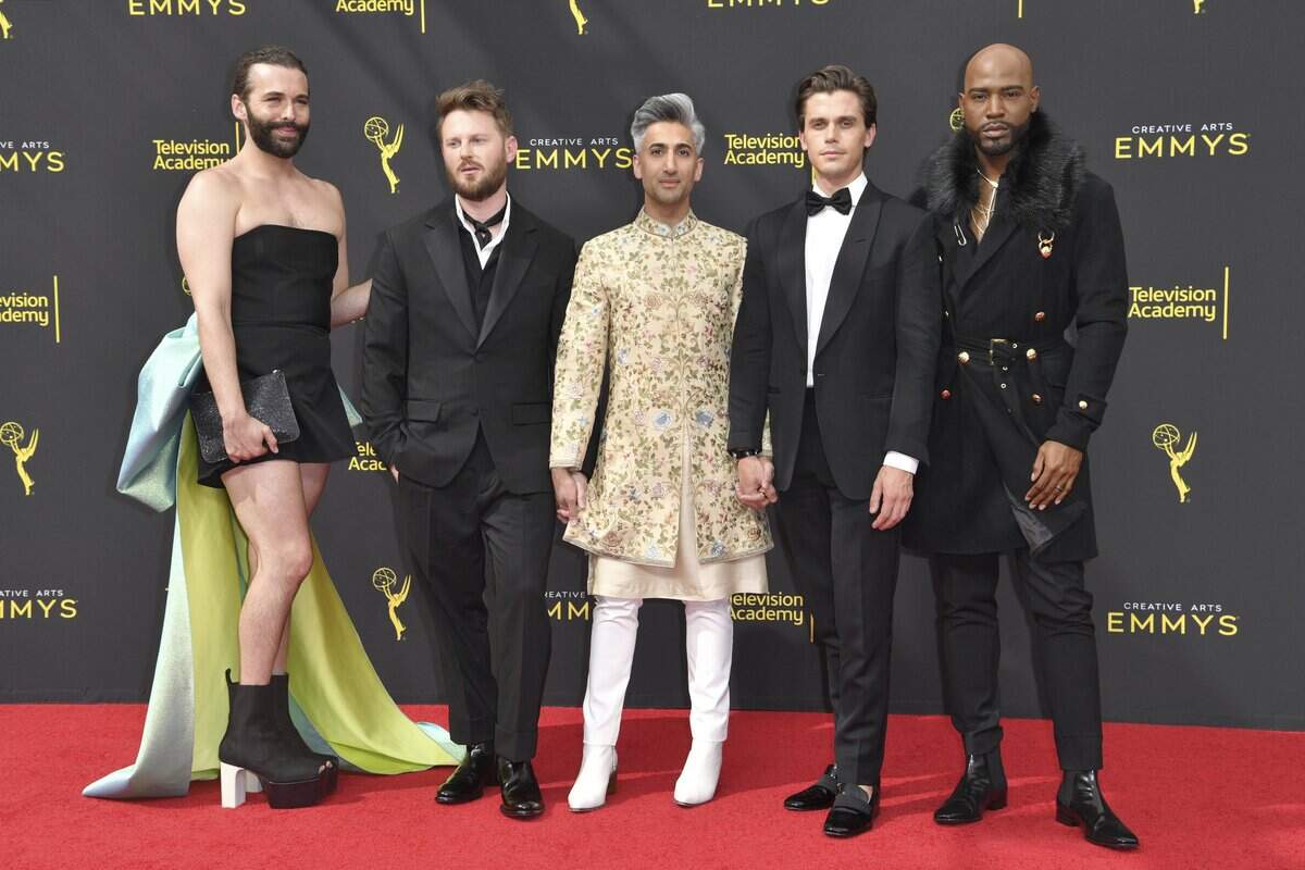 Jonathan Van Ness, from left, Bobby Berk, Tan France, Antoni Porowski and Karamo Brown, cast members from “Queer Eye,” on the red carpet at the Creative Arts Emmy Awards on Sept. 14 in Los Angeles.