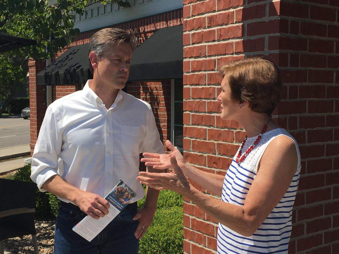 Third District congressional candidate Tom Niermann spoke Friday with state Sen. Barbara Bollier of Mission Hills before they canvassed in Fairway. Bollier, a Republican, this week endorsed Niermann, a Democrat.