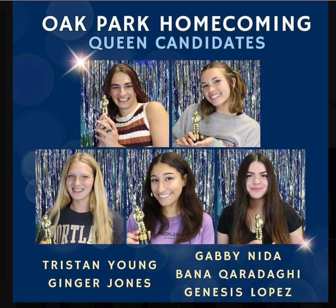 Announcement of Oak Park High School homecoming queen candidates.