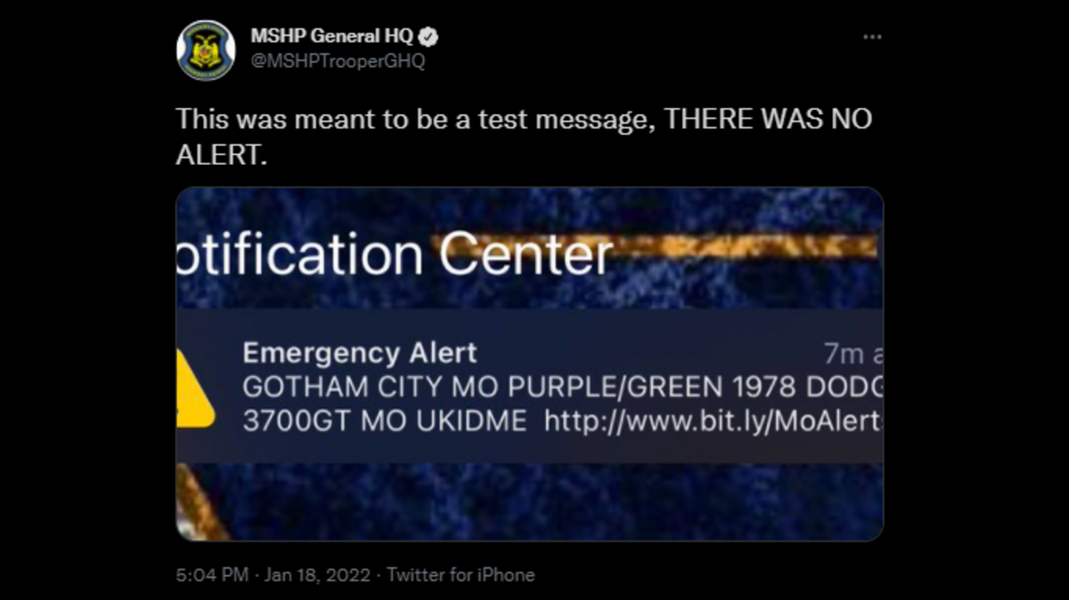An emergency alert was mistakenly sent by the Missouri Highway Patrol on Tuesday that referenced a fictional city from Batman.
