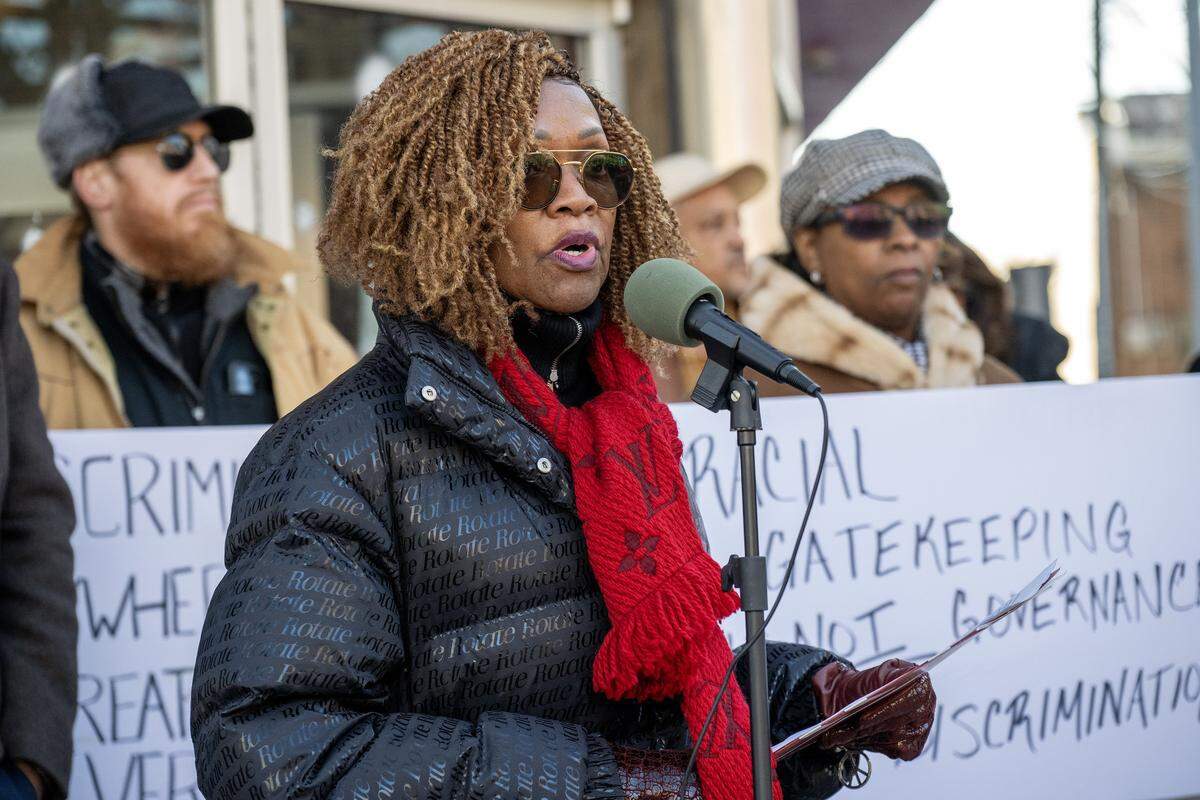 Gwendolyn Grant, president and CEO of Urban League of Greater Kansas City, speaks during press conference outside Holy Brunch on Monday, Dec. 8, 2025, in Kansas City.