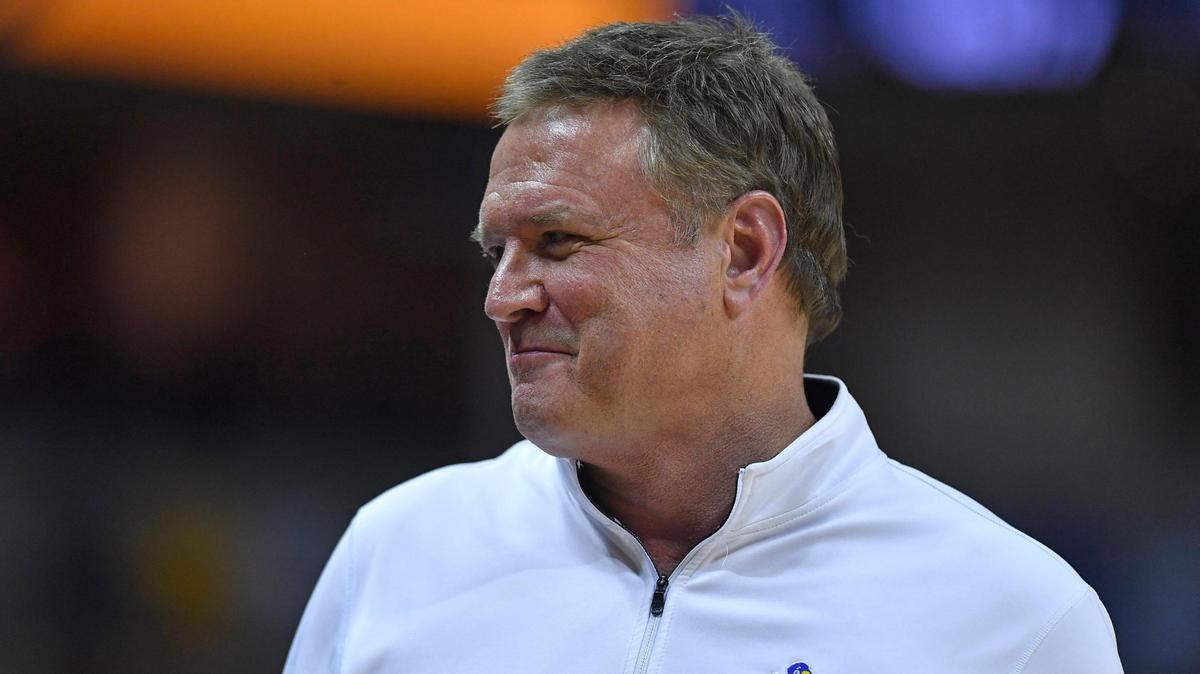 Kansas coach Bill Self flashed a smile for the Jayhawk fans seated behind the KU bench during the second half of Saturday’s game at Mizzou Arena.