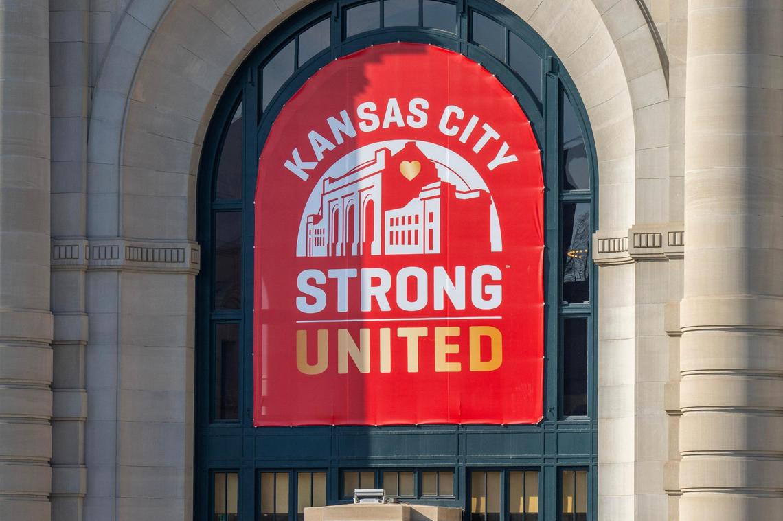A large banner featuring ‘Kansas City Strong’ is displayed on the exterior window of Union Station on Wednesday, Feb. 21, 2024, in Kansas City.