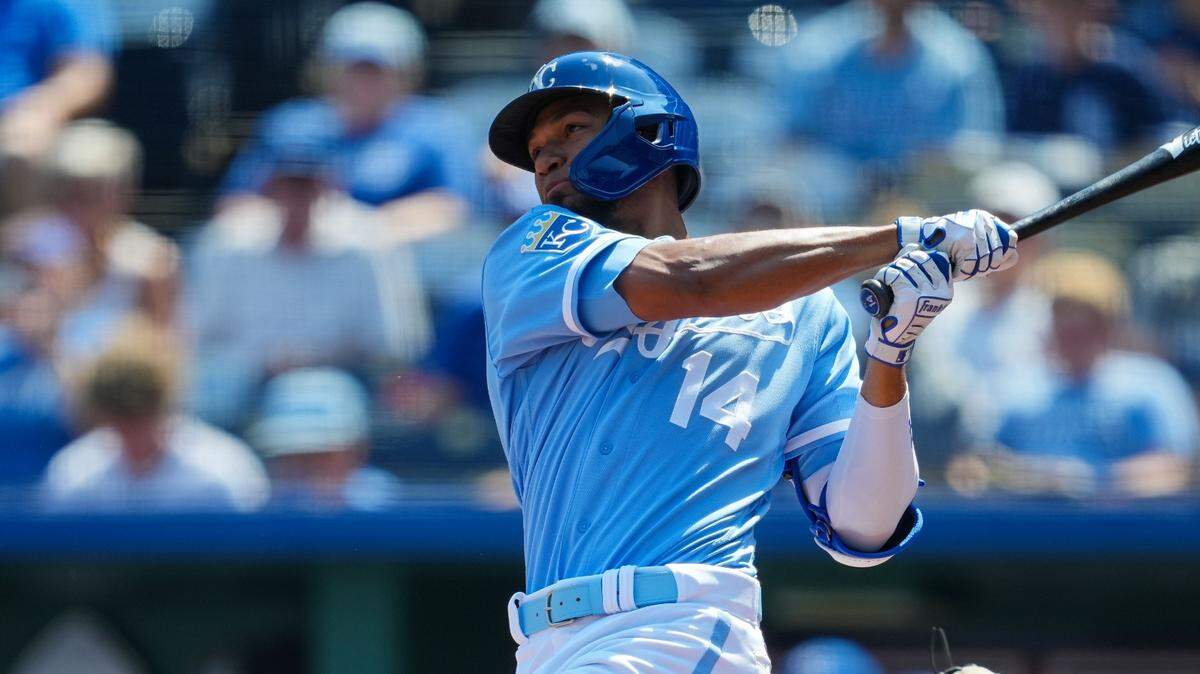 Royals left fielder Edward Olivares hits a first-inning home run against the Chicago White Sox on Monday afternoon at Kauffman Stadium.