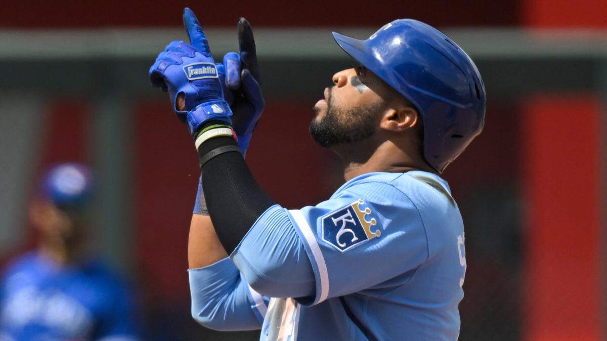 Kansas City Royals’ Carlos Santana celebrates a double against the Toronto Blue Jays during the sixth inning of a baseball game, Wednesday, June 8, 2022, in Kansas City, Mo. (AP Photo/Reed Hoffmann)