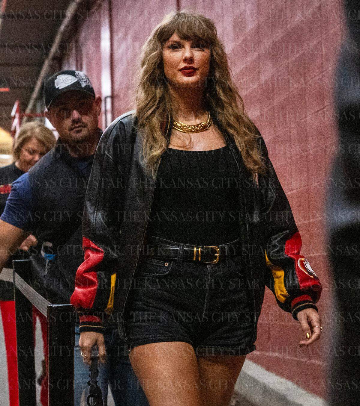 Escorted by security, Taylor Swift arrived at GEHA Field at Arrowhead Stadium on  Nov. 4, 2024 to watch boyfriend, Chiefs tight end Travis Kelce play against the Tampa Bay Buccaneers.