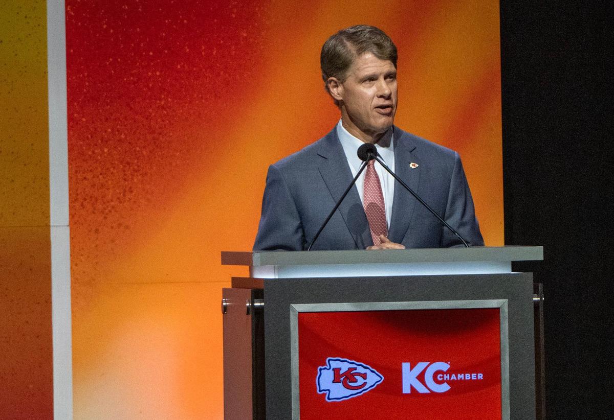 Clark Hunt, Chiefs Chairman and CEO addresses the crowd the 2024 Chiefs Kickoff Luncheon.