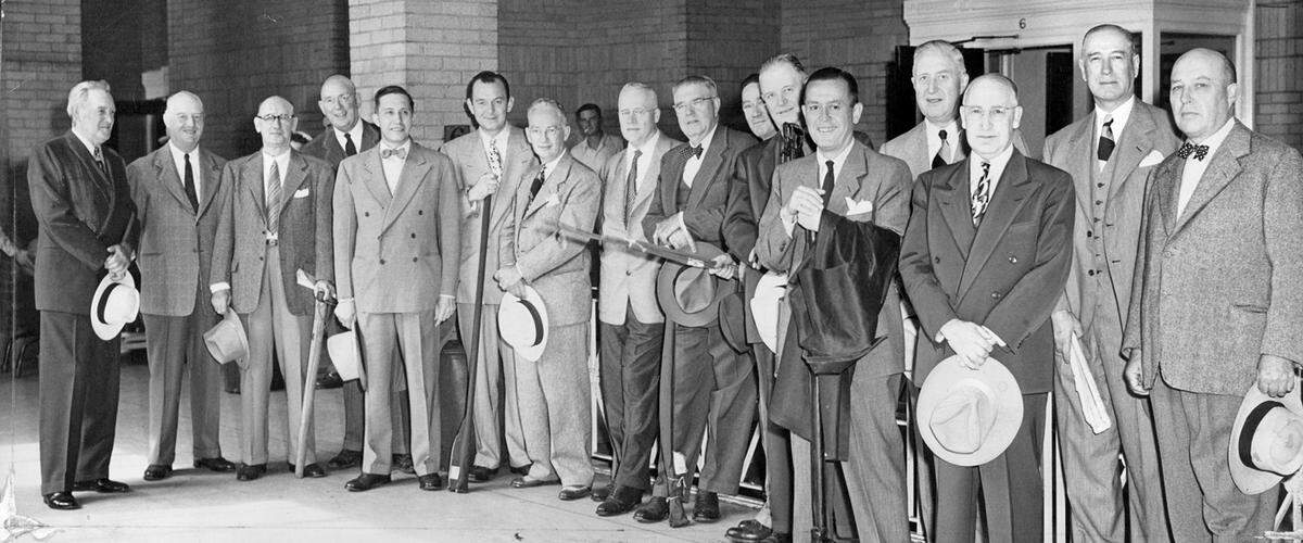 Members of the 7-11 Club, a Kansas City men’s group, prepare to depart Union Station for a 10-day fishing trip to Rainy Lake in Ontario, Canada — hosted by L. Russell Kelce, vice president of Sinclair Coal Company.