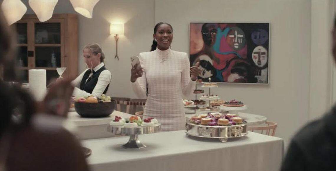 Harold Smith’s painting “U and I” appears in the first episode of “Bel-Air,” in this scene with eldest daughter Hilary Banks (Coco Jones) in the kitchen.