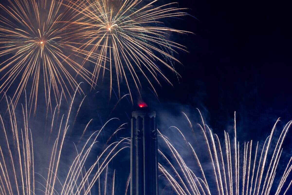 Fireworks light up the night sky over Penn Valley Park on Saturday, July 4, 2026. The National WWI Museum and Memorial's Stars and Stripes Picnic celebrates America's 250th and the Memorial's 100th