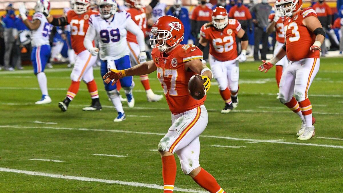 Kansas City Chiefs tight end Travis Kelce heads in for a touchdown in the fourth quarter of the AFC Championship Game between the Chiefs and the Buffalo Bills Sunday Jan. 24, 2021. The Chiefs defeated the Bills 38-24 and will return to the Super Bowl.