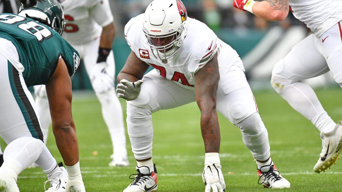 Former Arizona Cardinals offensive tackle D.J. Humphries (74) against the Philadelphia Eagles at Lincoln Financial Field in 2023.