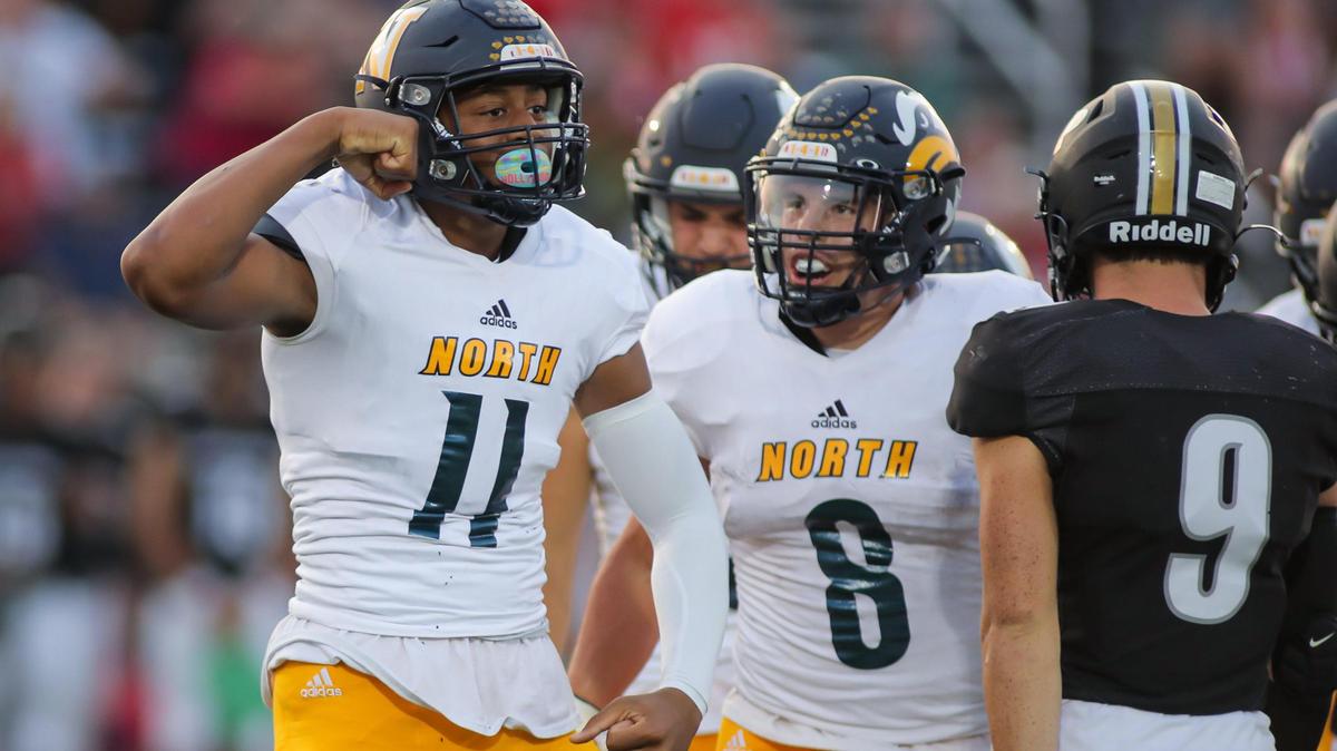 Elijah Leonard, left, and Cayden Arzola of Liberty North react after a defensive play against Raymore-Peculiar in Friday night’s game. The Eagle defense held strong with a shutout in the first half, taking a 21-0 halftime lead.