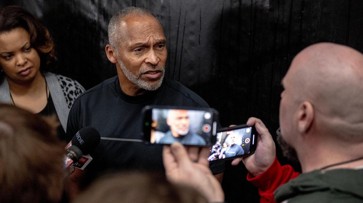 Acting Kansas head coach Norm Roberts speaks to media members after the team’s practice at Wells Fargo Arena on Friday, March 17, 2023, in Des Moines, Iowa. Kansas plays No. 8 seed Arkansas Saturday in a second-round game of the NCAA Tournament.