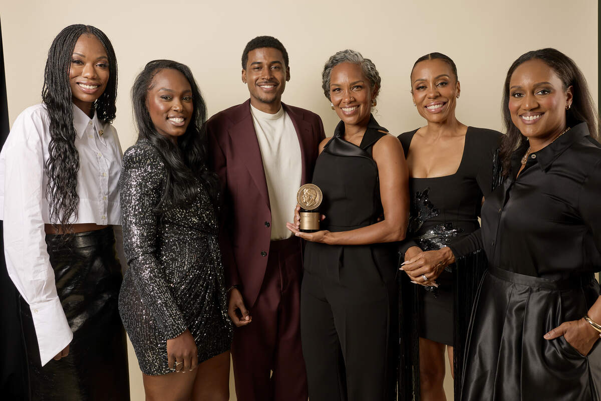 L-R) Xosha Roquemore, Thembi Banks, Michael Cooper Jr., Mara Brock Akil, winner of the Peabody Award for 'Forever,' Karen Pittman and Erika Harrison, pose for a portrait during the 86th Annual Peabody Awards at Beverly Wilshire, A Four Seasons Hotel on May 31, 2026 in Beverly Hills, California.