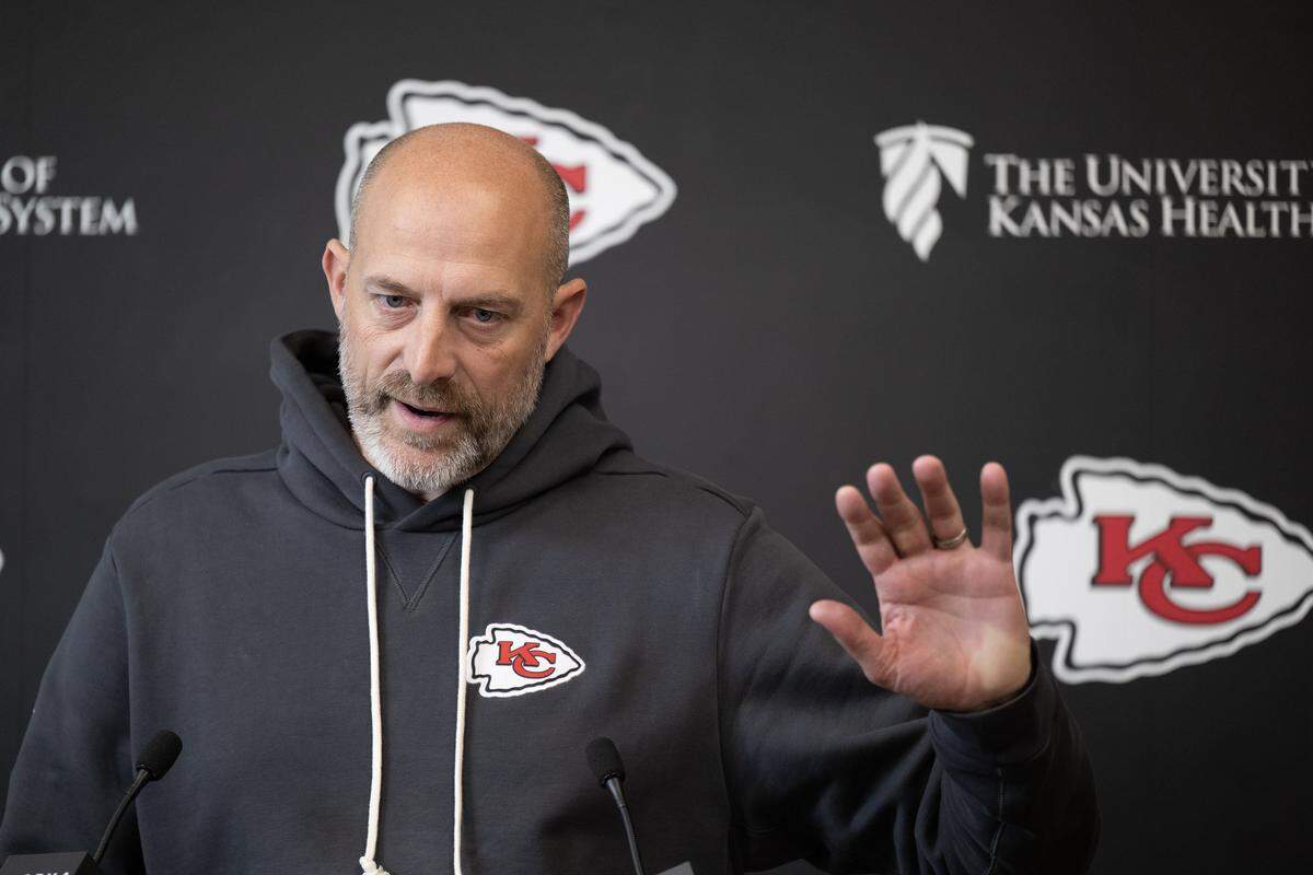 Matt Nagy, Chiefs offensive coordinator, speaks with the media during availability Thursday, Dec. 11, 2025, at the team's training facility in Kansas City.
