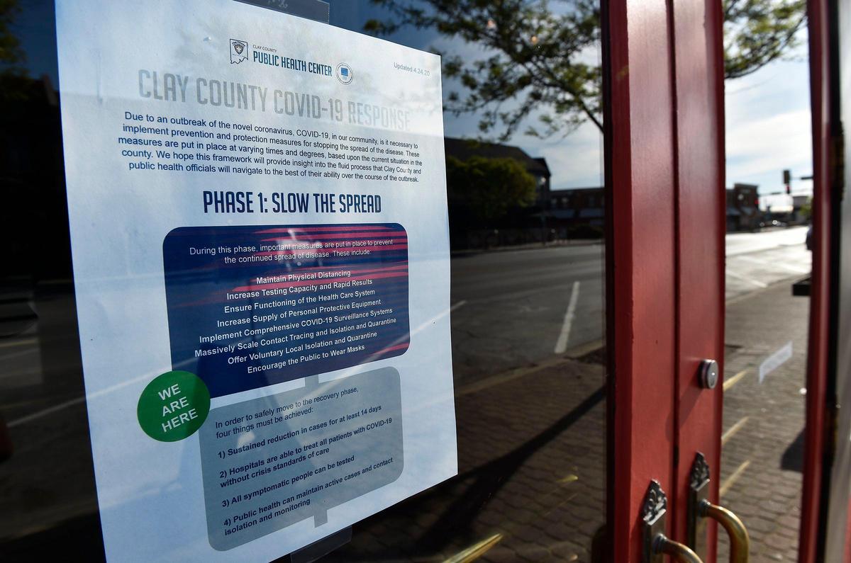 A flier outlining Clay County’s Phase I of reopening is posted at the entrance of Chappell’s Restaurant and Sports Museum in North Kansas City.